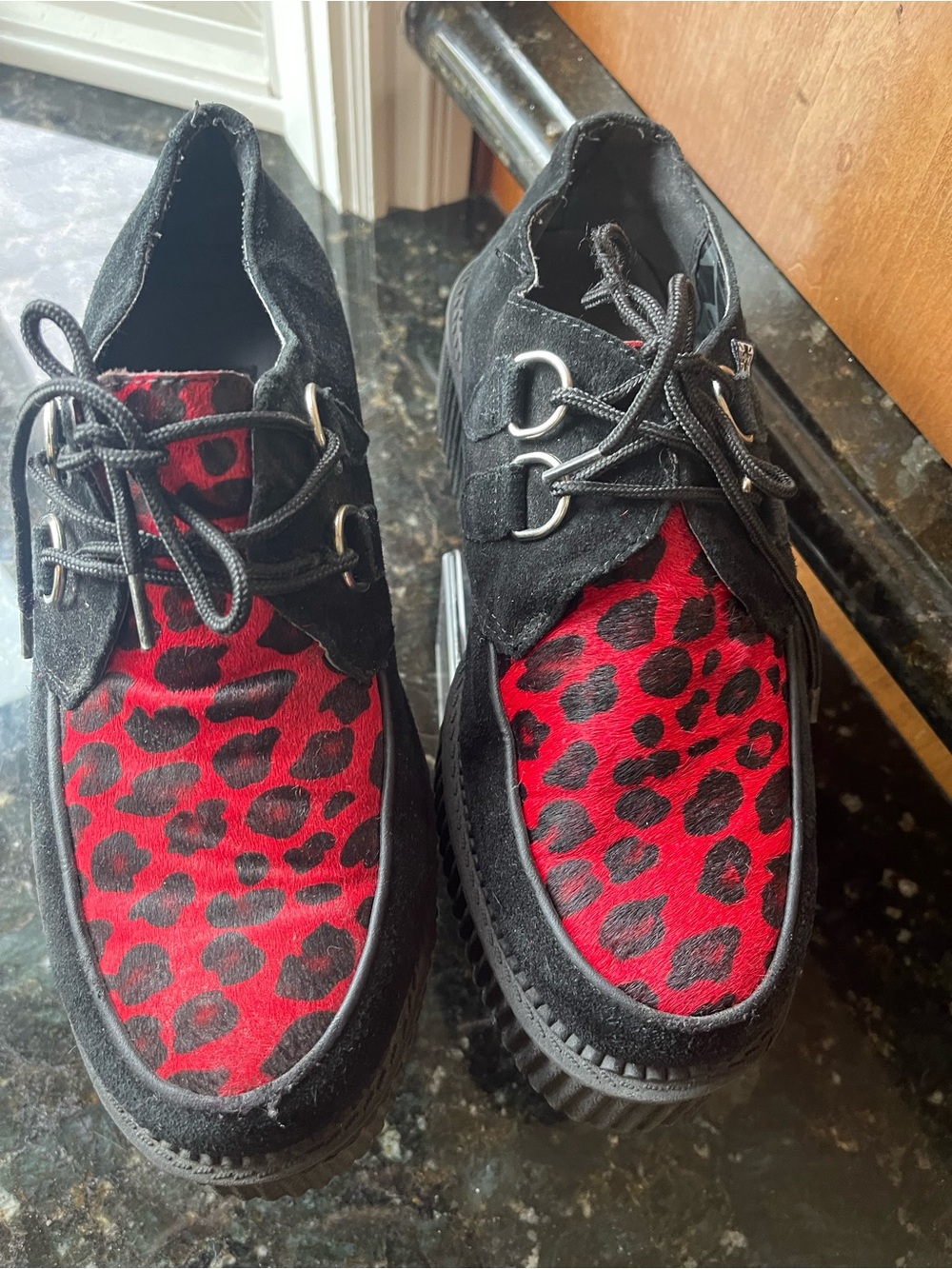 T.U.K Women's Black Loafers with Red Leopard Print